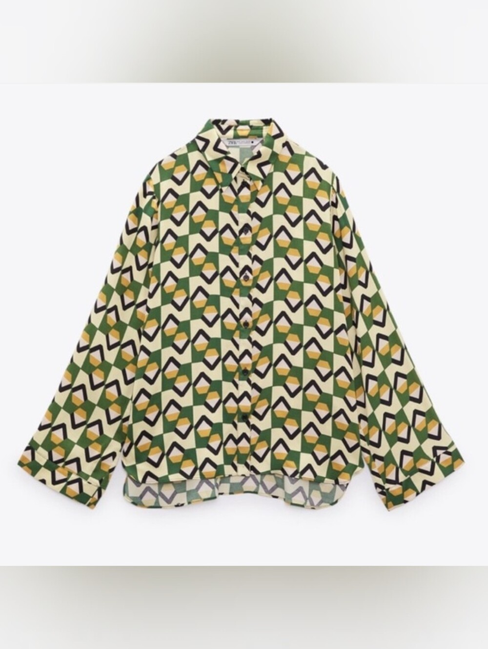 Zara Geometric Button-Down Shirt in Green and Cream with Black Accents